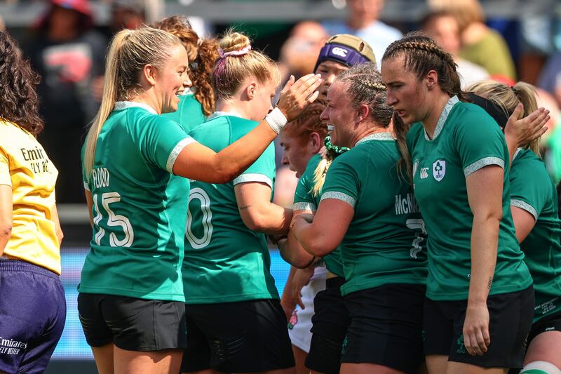 Ireland celebrate after Neve Jones's try. Photograph: Ben Brady/Inpho