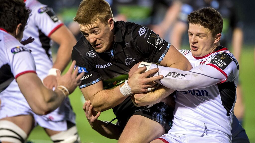 Ulster’s Angus Kernohan tackles Kyle Steyn of Glasgow. Photograph: Craig Watson/Inpho