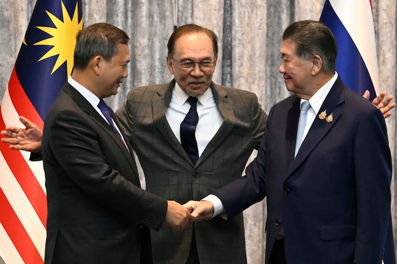 Cambodia’s prime minister Hun Manet, Malaysia’s prime minister Anwar Ibrahim and Thailand’s acting prime minister Phumtham Wechayachai. Photograph: Mohd Rasfan/Pool via AP