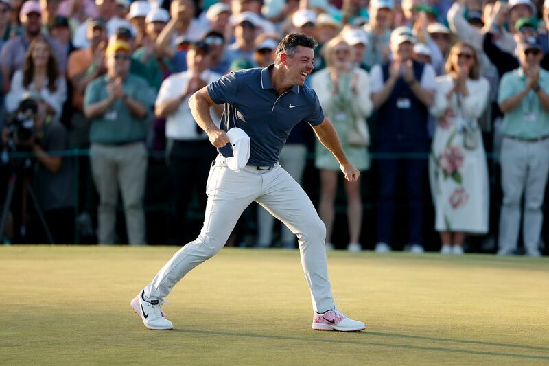 Rory McIlroy celebrates after his winning birdie during the first playoff hole after the  the final round of the 2025 Masters. Photograph:  Harry How/Getty Images