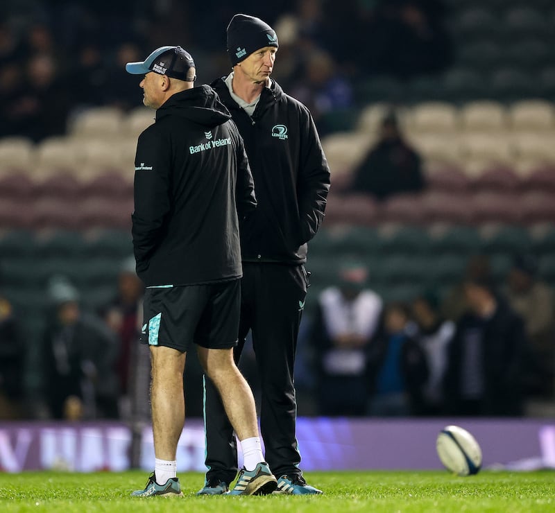 Leinster senior coach Jacques Nienaber and head coach Leo Cullen at Welford Road on Friday night. Photograph: James Crombie/Inpho