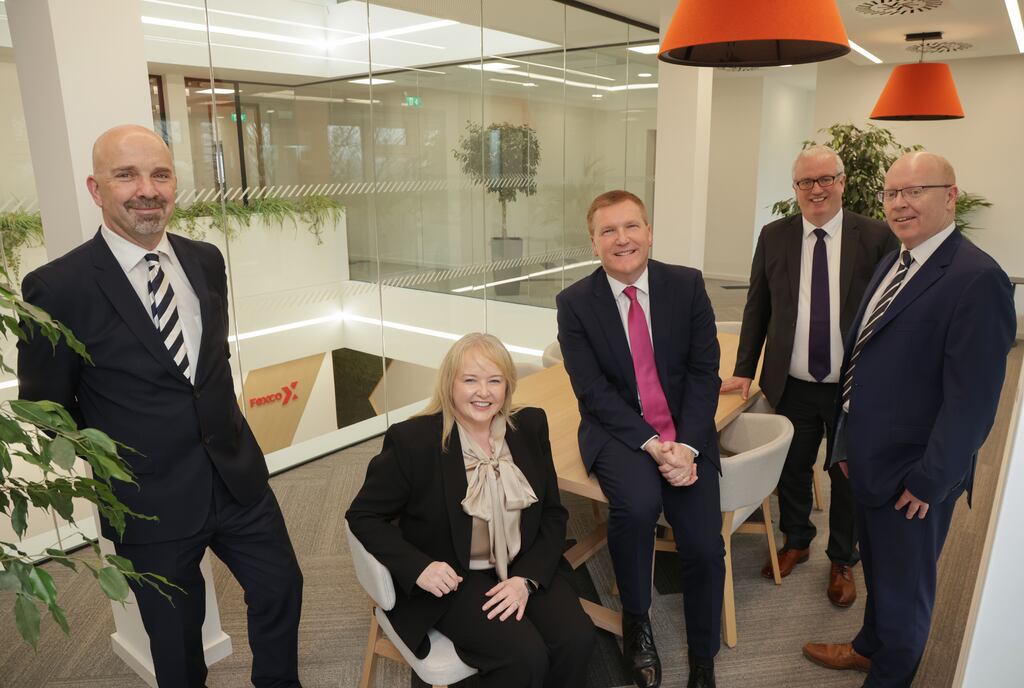 Minister for Finance Michael McGrath (centre right) at Fexco's digital innovation Hub, Killorglin, Co Kerry, with company executives. Photograph: Valerie O'Sullivan/The Irish Times