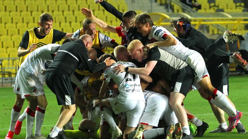 Dundalk celebrate their penalty shootout win over Sheriff. Photograph: Aleksandar Djorovic/Inpho