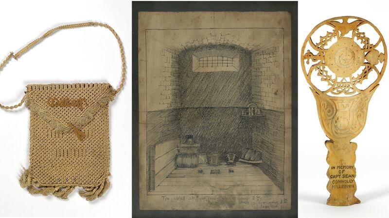 A macramé bag made by Domhnall O’Buachalla; an internee’s sketch of his cell at Knutsford prison;  and a sculpture in memory of Seán Connolly made out of cattle bone