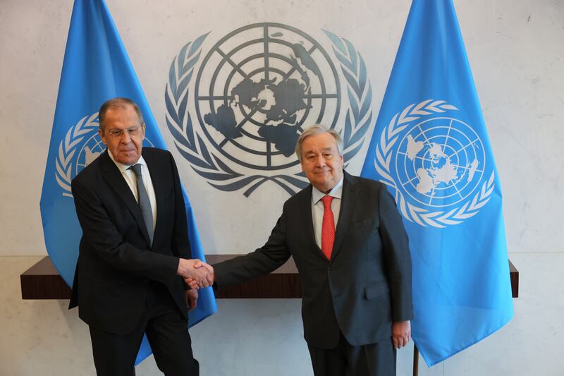 Russian foreign minister Sergey Lavrov and UN secretary general António Guterres shake hands as they prepare to hold a meeting at the United Nations headquarters in New York City on Monday. Photograph: Michael M Santiago/Getty Images