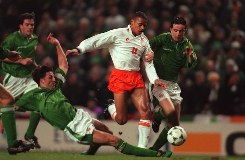 Ireland's Andy Townsend and Gary Kelly tackle Glen Helder of the Netherlands at Anfield in 1995. Photograph: James Meehan/Inpho