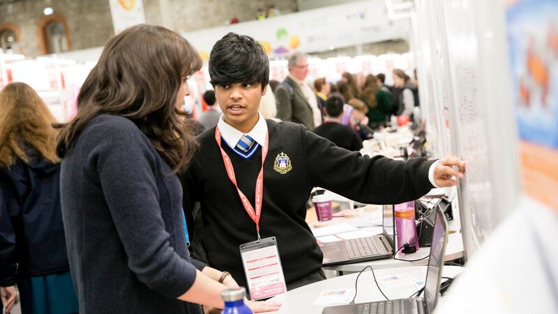 Yaduvir Harhangi from, Synge Street CBS, Dublin being judged on his project: Extensions of Marden’s Theorem. Photograph:  Chris Bellew/Fennell Photography