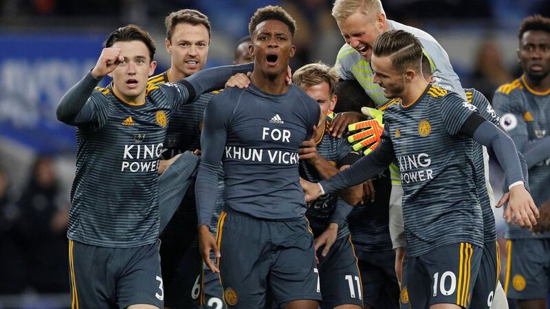 Leicester City’s Demarai Gray celebrates scoring their first goal with team-mates wearing a shirt in remembrance of Vichai Srivaddhanaprabha, the chairman of the club who dies in last weekend’s helicopter crash. Photograph:  Darren Staples/Reuters
