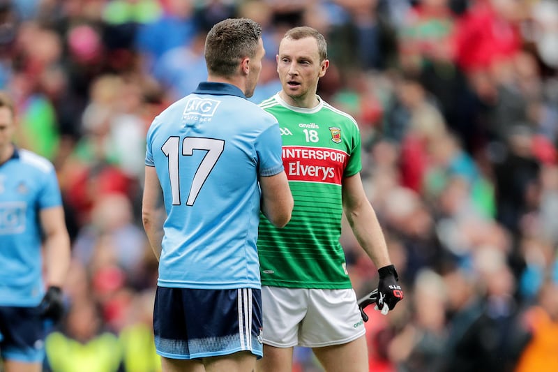 Dublin's Paddy Andrews shakes hands with Mayo's Keith Higgins after the All-Ireland SFC semi-final at Croke Park on August 10th, 2019. Photograph: Laszlo Geczo/Inpho