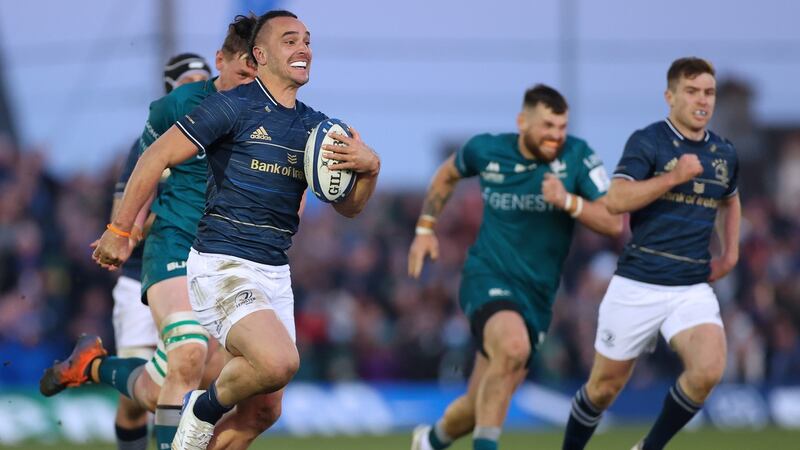 James Lowe breaks free to score his Leinster’s opening try during the  Heineken Champions Cup Round of 16, first leg against Connacht at the Sportsground. Photograph: James Crombie/Inpho