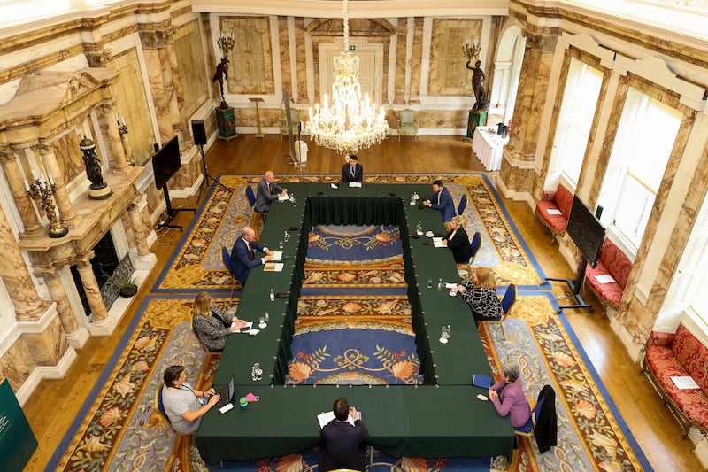 Minister for Foreign Affairs Simon Coveney meeting leaders of Sinn Féin, SDLP, Alliance and the Green Party in Northern Ireland at the Department of Foreign Affairs in Iveagh House,  Dublin on Thursday. Photograph: Tom Honan/PA Wire