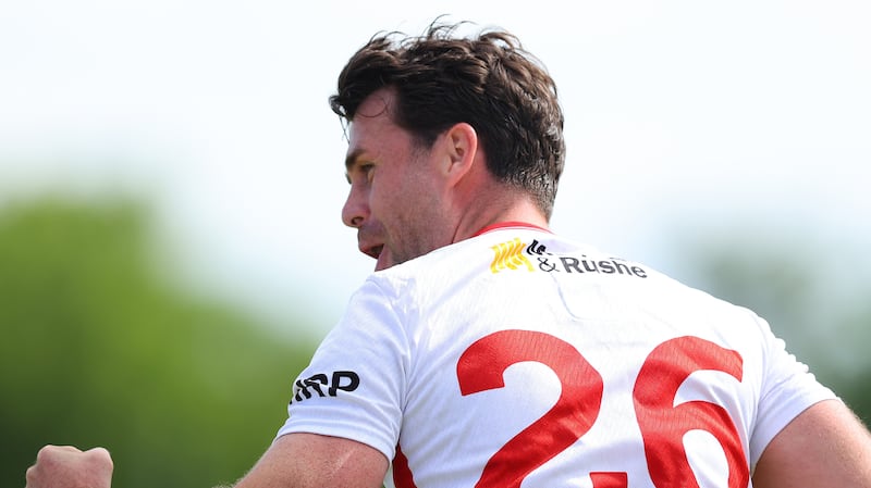 Tyrone's Darren McCurry celebrates a score during Sunday's Round 2A win over Mayo. Photograph: Tom O’Hanlon/Inpho