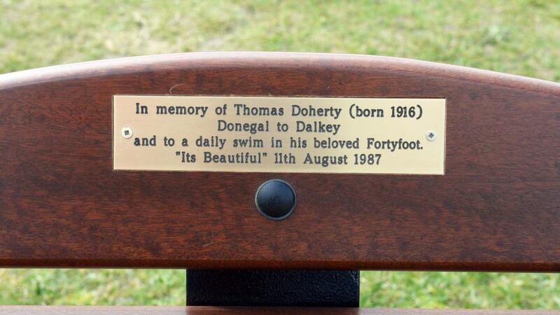 The bench at Dún Laoghaire in memory of Thomas Doherty, a regular swimmer at the Forty Foot, who died while swimming in 1987. Photograph: Eric Luke/The Irish Times.