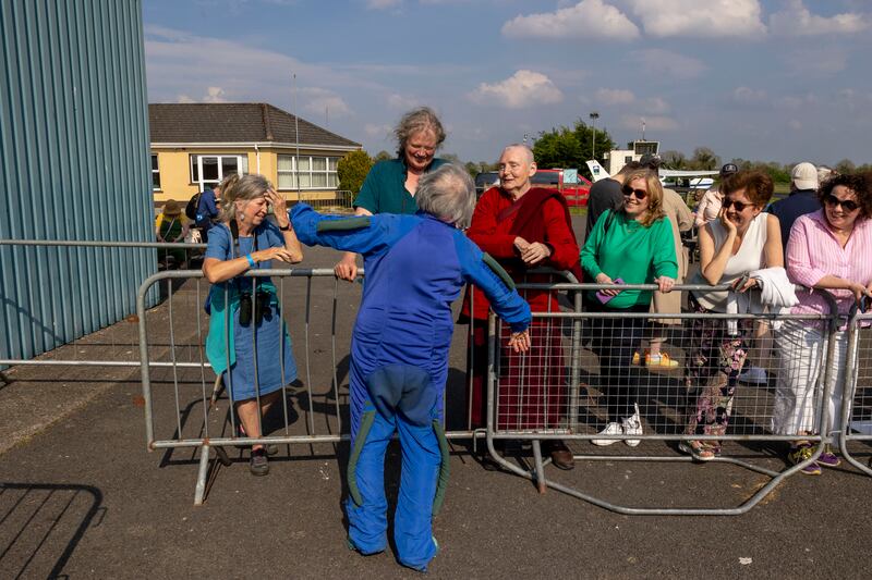 Leilia Doolan speaks to some of the gathered spectators. Photograph: Tom Honan/The Irish Times