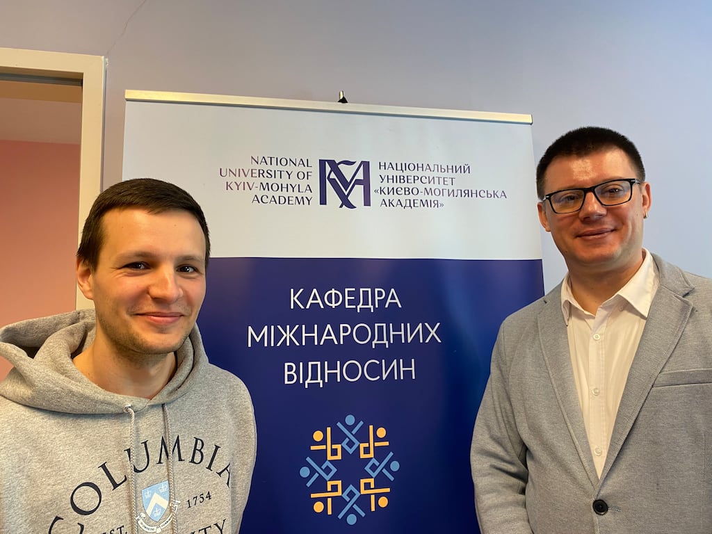 Professors Anton Suslov and Maksym Yakovlyev of the respected Kyiv-Mohyla Academy. Photograph: Lara Marlowe