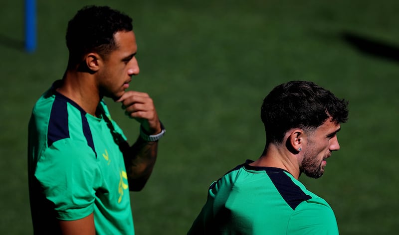Adam Idah and Troy Parrott during Ireland training at the TSC Arena in Bačka Topola. Photography: Ryan Byrne/Inpho