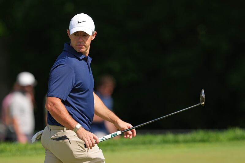 Rory McIlroy looks at the line of his putt on the first green at Muirfield Village Golf Club in Dublin, Ohio. Photograph: Dylan Buell/Getty Images