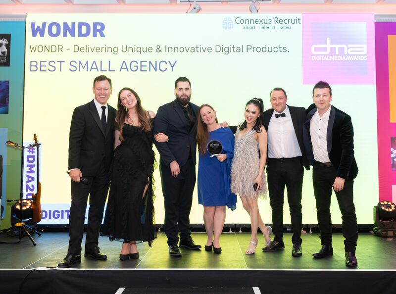 The team from Wondr accepting the best small agency award. Photograph: Paul Sherwood