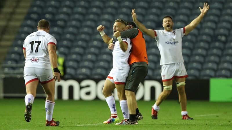 Ulster celebrate after Ian Madigan’s late winning kick at Murrayfield. Photograph:  Ian MacNicol/Getty