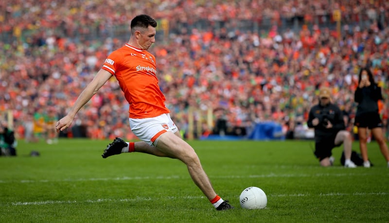 Armagh’s Shane McPartlan misses the crucial penalty in the Ulster final at Clones as his spot kick was saved and Donegal emerged triumphant via the shootout. Photograph: Ryan Byrne/Inpho 