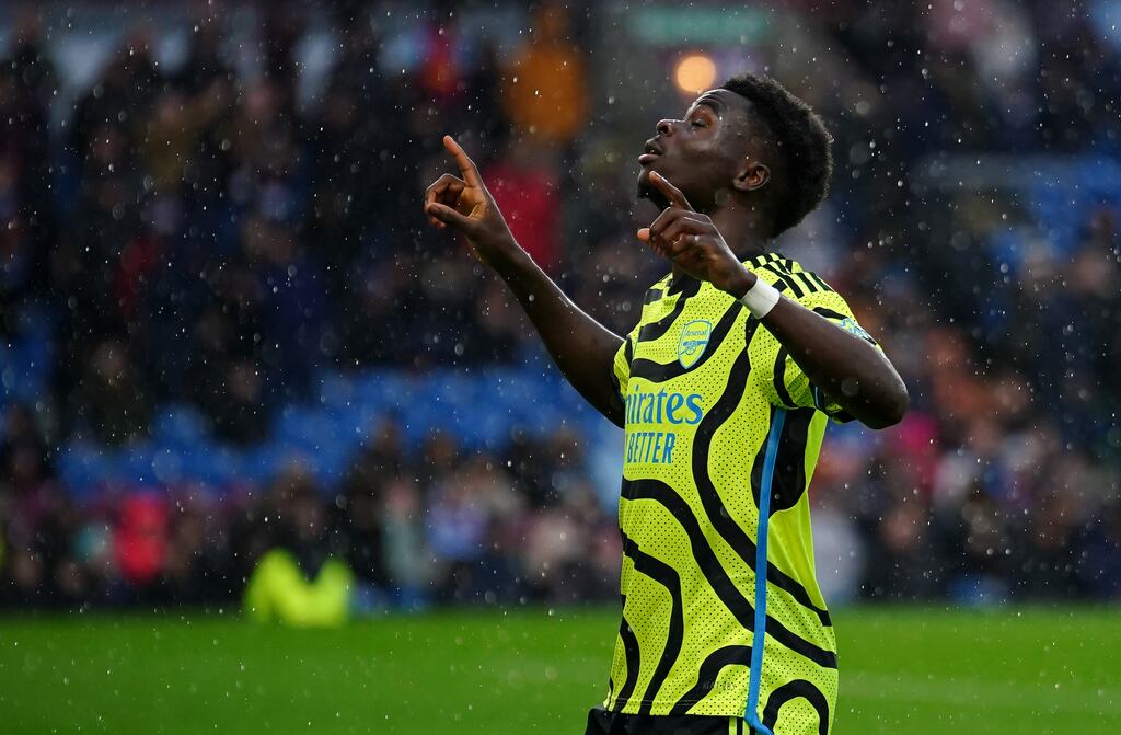 Arsenal's Bukayo Saka celebrates scoring. Photograph: Peter Byrne/PA Wire