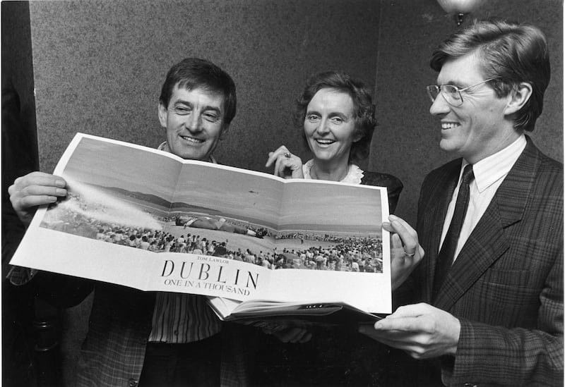Former Irish Times photographer Tom Lawlor at the launch of his collection of photographs book, Dublin: One in a Thousand, with Carmencita Hederman and Pat Kenny. Photograph: Peter Thursfield