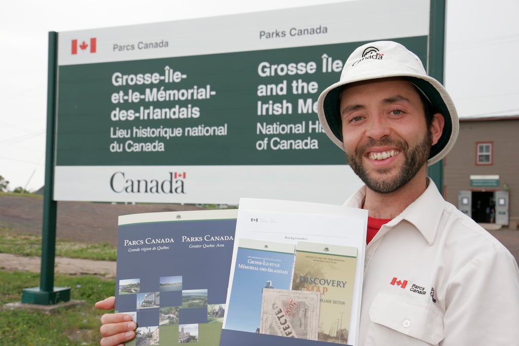 A park ranger at Canada's Grosse Île Irish memorial site, which one historian called 'the largest of the mass graves of the Great Famine'. Photograph: Jeff Greenberg/Universal Images Group via Getty Images