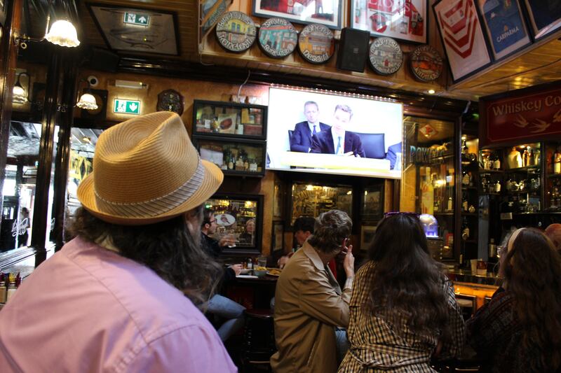 Customers in Doheny & Nesbitt pub, Baggot Street, Dublin, watching Ryan Tubridy on Oireachtas TV. Photograph: Hugh Dooley