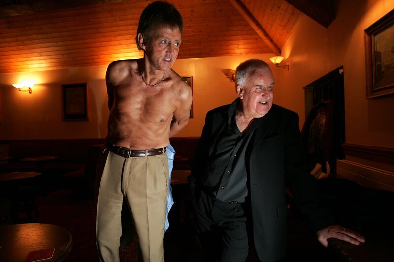 Dickie Rock backstage in the Noggin Inn, Sallynoggin, Co Dublin.  On right is his friend Joe Dillon. Photograph: Frank Miller