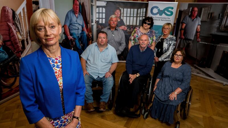 Victims commissioner Judith Thompson launches the Commission for Victims and Survivors, Pension Arrangement (VASPA) advice paper, with (front row, from left) Paul Gallagher, Peter Heathwood and Jennifer McNern, (back row, from left) Sam Wilson, Margaret Yeaman and Minty Thompson. Photograph: Liam McBurney/PA Wire