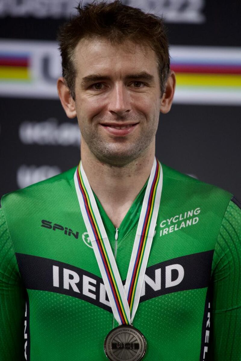 Ronan Grimes  with his silver medal after the final of individual pursuit at the Paracycling Track World Championships in Paris. Photograph: Cycling Ireland