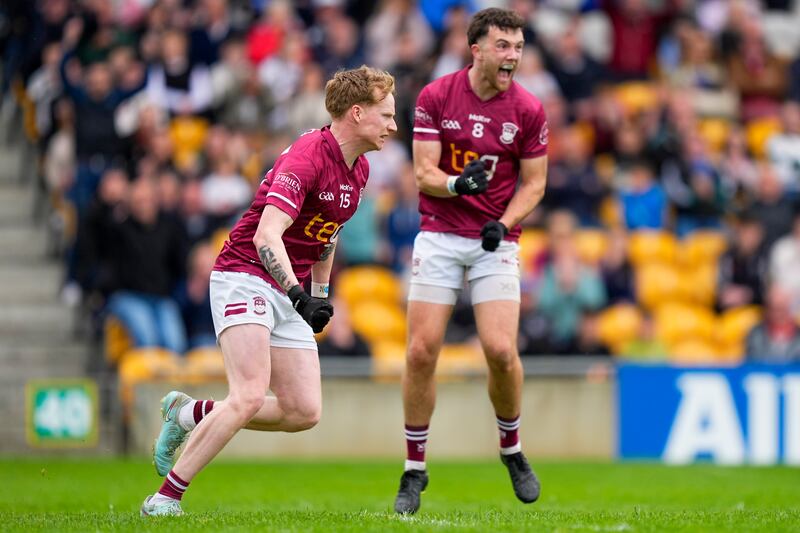 Westmeath's Brandon Kelly celebrates his goal against Kildare. Photograph: James Lawlor/Inpho
