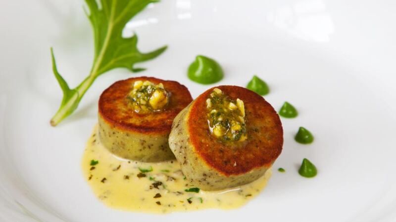 Sage gnocchi with ‘Wild About’ nettle pesto cream and garlic purée served at  the Irish Food Writers’ Guild awards lunch at l’Ecrivain restaurant