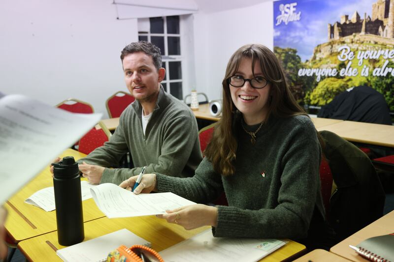 Wesley Mulcahy and Ysabelle Branagan at Conradh na Gaeilge on Camden Street in Dublin. Photograph: Bryan O’Brien