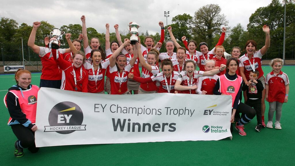 Pegasus celebrate their Champions Trophy final win over Loreto in 2019. Photograph: Freddie Parkinson/Inpho