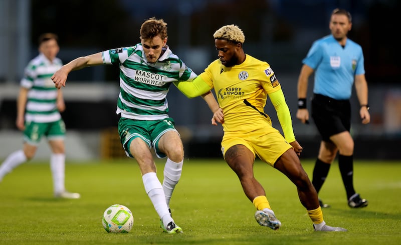 Shamrock Rovers’ Matt Healy in action against  Daniel Okwute of Kerry FC during the semi-final. Photograph: Ryan Byrne/Inpho