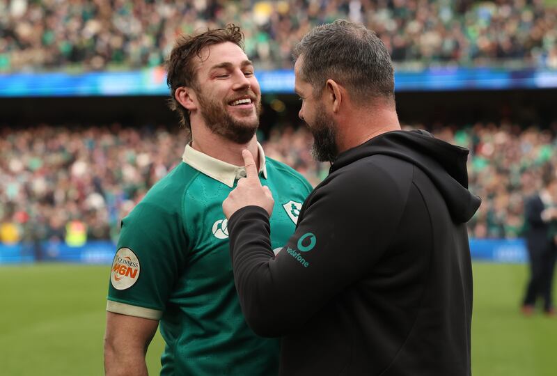Ireland head coach Andy Farrell celebrates with his captain Caelan Doris. Photograph: Liam McBurney/PA