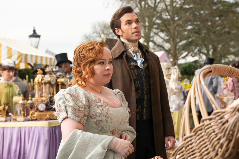 Nicola Coughlan as Penelope Featherington and Luke Newton as Colin Bridgerton in series three of Bridgerton. Photograph: Liam Daniel/Netflix/PA Wire 