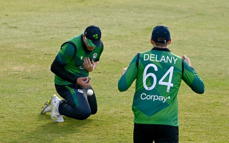 Graham Hume of Ireland drops a catch against Pakistan. Photograph: Seb Daly/Sportsfile 