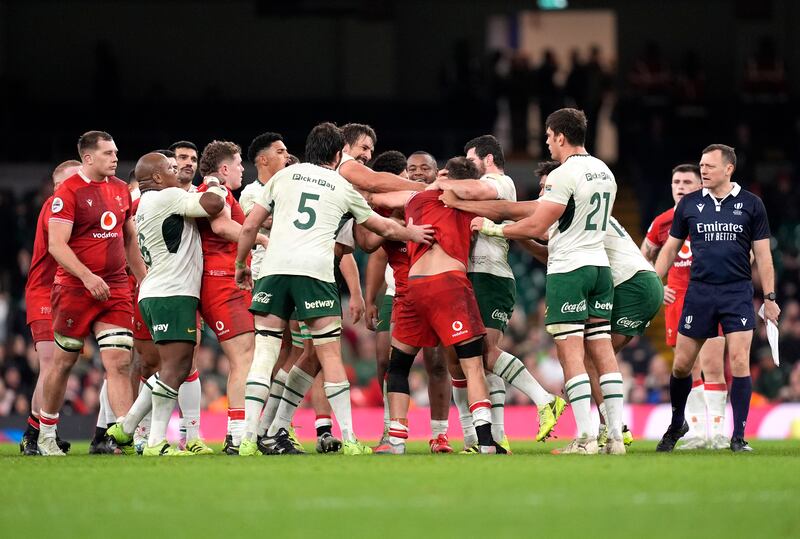 Tempers fray between South Africa's Eben Etzebeth and Wales's Alex Mann. Photograph: Andrew Matthews/PA Wire
