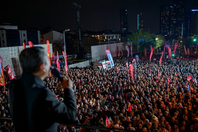 Ozgur Ozel addressing an audience during a rally in Istanbul on April 9th, 2025. The leader of the opposition CHP party has said the Turkish opposition will fight 'until the end' against president Recep Tayyip Erdogan. Photograph: Yasin Akgul/AFP