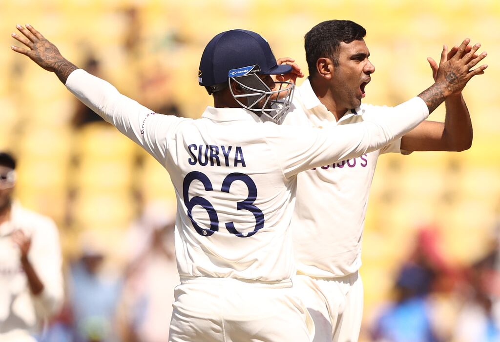 Indian spinner Ravichandran Ashwin celebrates taking the wicket of Australia's Matthew Renshaw during day three of the first Test match at Vidarbha Cricket Association Ground in Nagpur, India. Photograph: Robert Cianflone/Getty Images