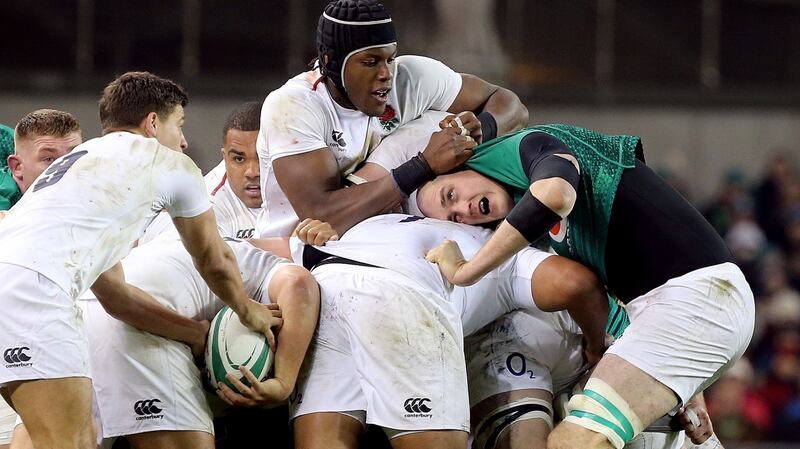 England’s Maro Itoje gets to grips with Ireland’s Devin Toner during the Six Nations match at the Aviva stadium. Photograph: Tom Honan