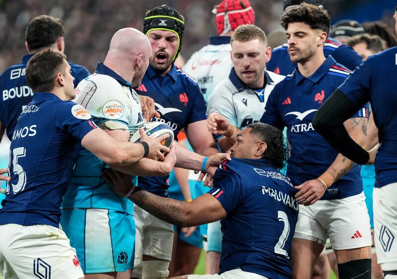 Tempers flaring between Scotland's Dave Cherry and Peato Mauvaka of France in Stade de France.
Photograph: Dave Winter/Inpho