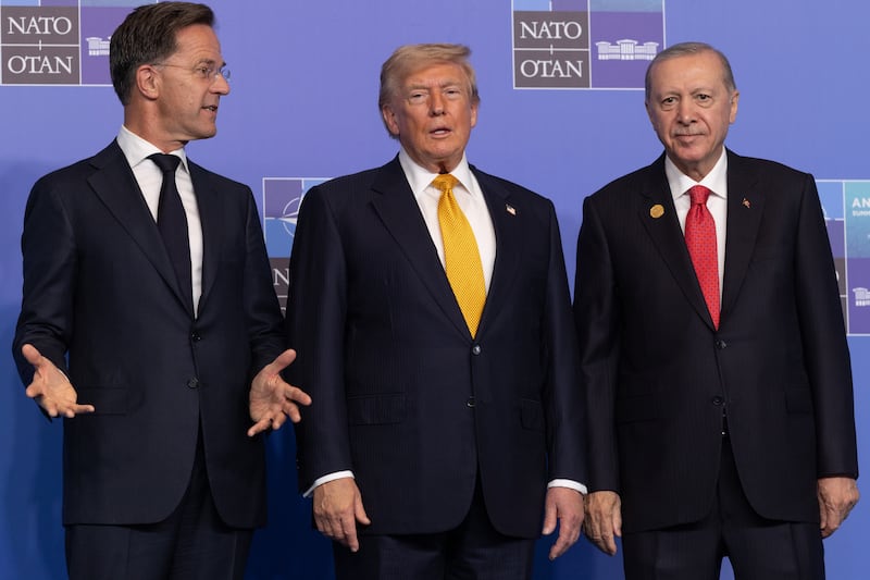 Nato secretary general Mark Rutte (left) greets US president Donald Trump (centre) as Turkish president Recep Tayyip Erdogan looks on during the Nato summit in Ankara, Turkey. Photograph: Chris McGrath/Getty Images