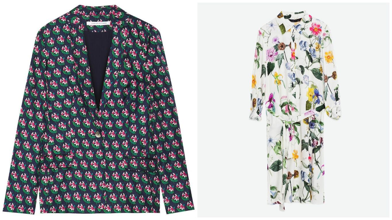 Diane Von Furstenberg, €415 at Brown Thomas; Zara floral print shirt dress, €49.95