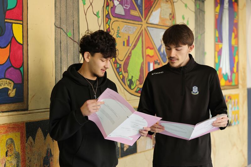 Students Alex Plesca and Sean Treacy go over their exam papers at Marian College, Ballsbridge. Photograph: Alan Betson