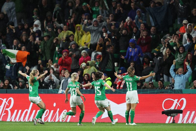Katie McCabe celebrates a goal against Canada at Perth Rectangular Stadium. 'Scoring the goal, having that moment with all the Irish fans and all my team-mates was something special.' Photograph: Paul Kane/Getty Images 
