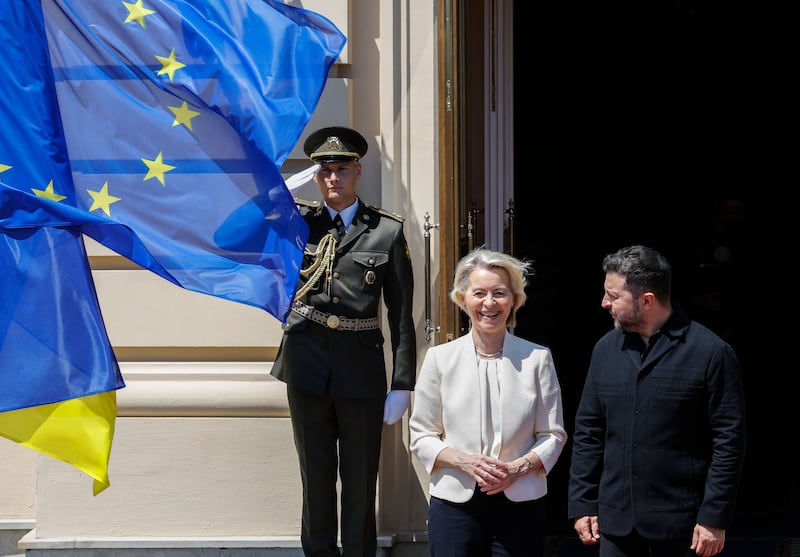 European Commission president Ursula von der Leyen and Ukrainian president Volodymyr Zelenskiy in Kyiv last month. Photograph: EPA