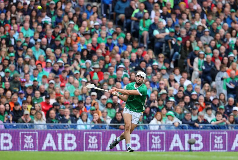 Limerick's Aaron Gillane finished with 0-5 after a tough battle with Huw Lawlor. Photograph: Bryan Keane/Inpho

